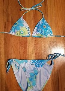 Floral Green Blue Padded Jeweled Bikini